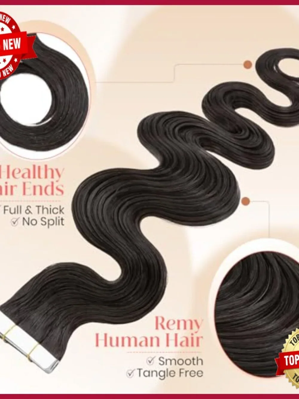 18 Inch Human Hair Tape-In Extensions, Body Wave, 50g 20pcs, Seamless Skin Weft